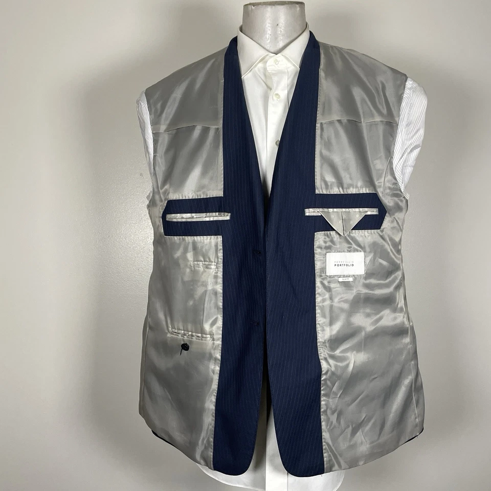 Perry Ellis 2 Piece Suit Mens 48S 42x26 Blue Striped Polyester Double Vented - Image 4 of 4