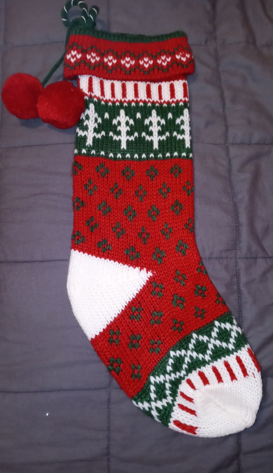 Red Knit Sweater Christmas STOCKING Green White Rustic Cabin Trees