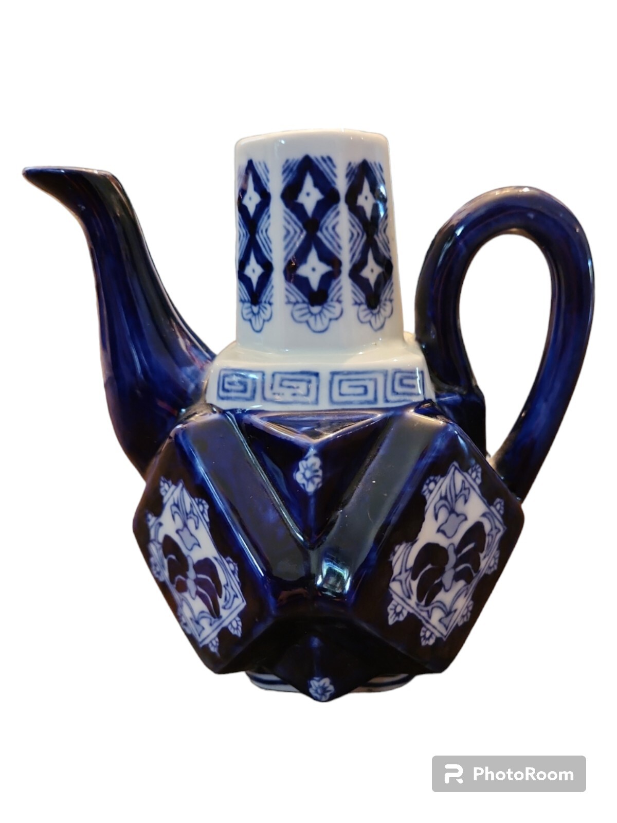 Diamond Pattern Texture Teapot Vtg Squared Diamond Teapot Cobalt Blue White Pattern No Lid. 6