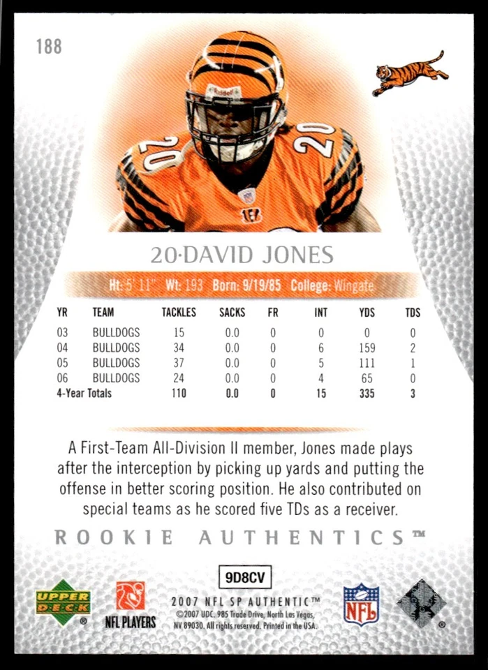 2007 SP Authentic David Jones Rookie 495/999 Cincinnati Bengals #188 R22 - Image 2 of 2