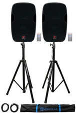 2 Rockville BPA15 15" Powered 800W DJ PA Speakers w Bluetooth Stands Cables Bag