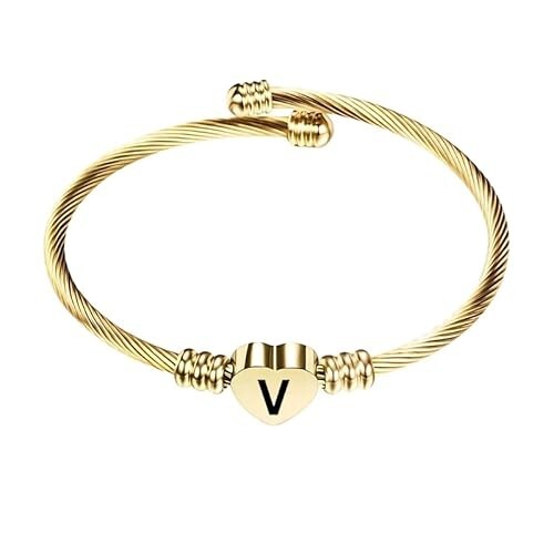 Stainless Steel Heart Word-V Bracelet Engraved Charm Bracelet for Women Golden