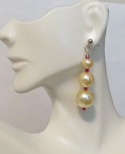 Gold Triple Bead Red Accent Custom Made 2" Stud Earrings