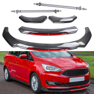 Front Bumper Lip Spoiler+Splitter Strut Rods Carbon Fiber For Ford C-Max 13-18