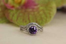 Natural African Amethyst 925 Sterling Silver Art Deco Eternity Wedding Ring Set