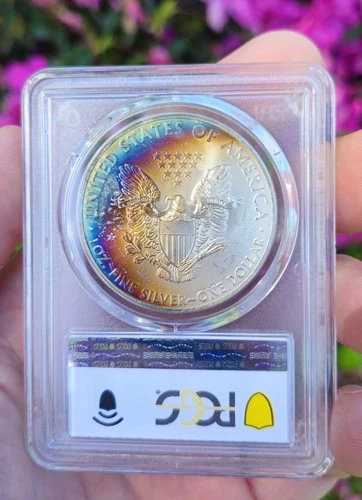 2014 $1 PCGS MS67 Rainbow Toned Silver Eagle - Monster Crescent Dual Sided Toner