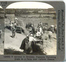 FRANCE, Peasants Threshing Grain, Carhaix--Stereoview Keystone T Series #T143B