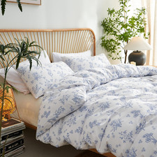Blue Floral Duvet Cover Queen Size Cottagecore Flower Leaf Spring Comforter Cove
