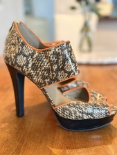 Vintage early 00 s Snake Print Peep Toe Platform Stiletto Heels Patent Leather
