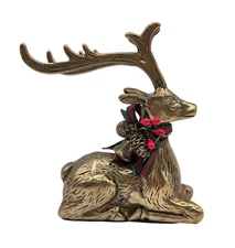 Vintage Heavy Brass Sitting Deer Stag Figurine Holly Collar Christmas Holiday