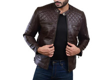 Men's Brown Leather Biker Jacket Casual Genuine Lambskin Quilted Moto Coat