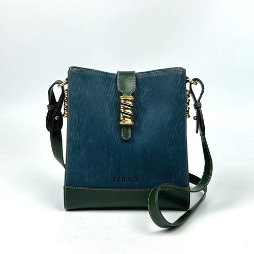 LOEWE Velasquez Vintage Crossbody Bag Green Navy Leather Gold Twist Hardware