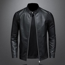Spring Autumn Leather Jacket Men Stand Collar Slim