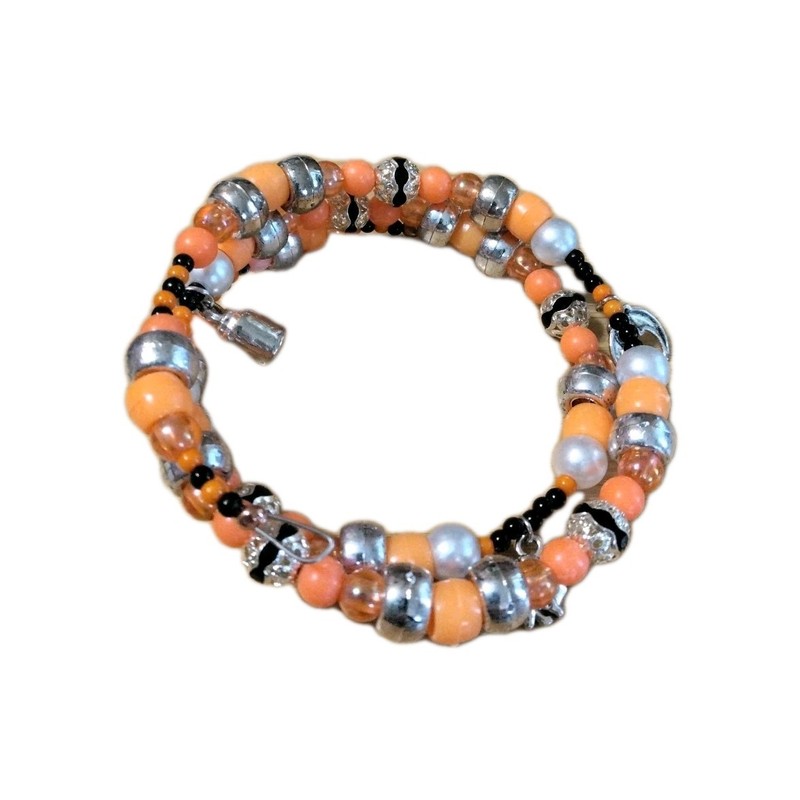 Handmade 17in Wrap Bracelet-Plastic, Round Rhinestone Spacers-3 Dangle Charms.