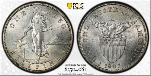 :1907-S 1-PESO .800-SILVER USA PHILIPPINES PCGS MS 61 BRILLIANT BEAUTY RARITY R4