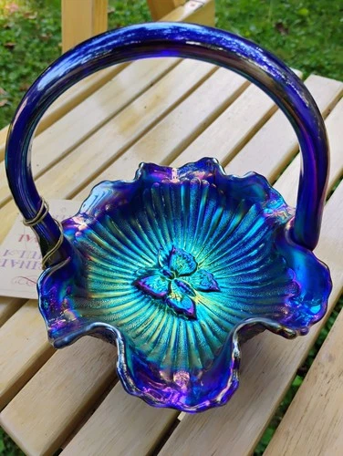 Vintage Original Formula Carnival Glass By Fenton 3 Footed Butterfly Basket NOS