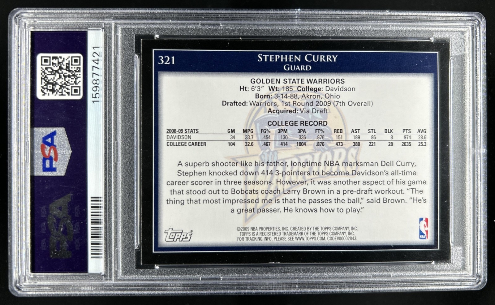 2009-10 Topps Stephen Curry Rookie RC #321 Warriors PSA 7 view 2