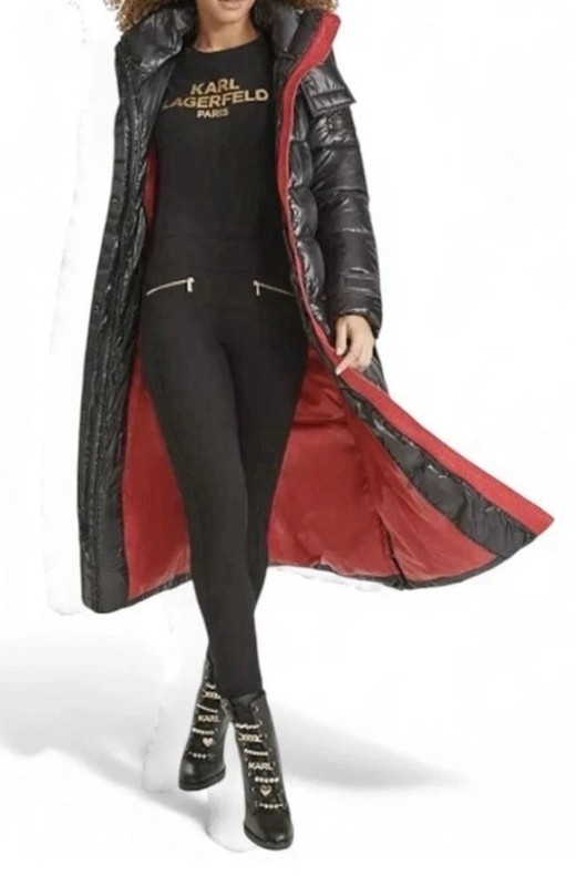 KARL LAGERFELD  Shine Hooded Belted Puffer Long Coat Jacek Black sz S NEW
