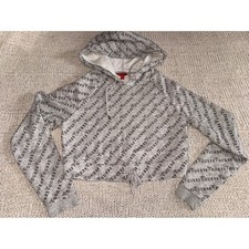 Guess Los Angeles Women Gray All Over Logo Print Cropped Hoodie Sweatshirt M