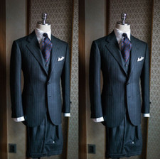 Black Striped Men's Suits Formal Business Wedding Groom Tuxedos Blazer Three Pcs