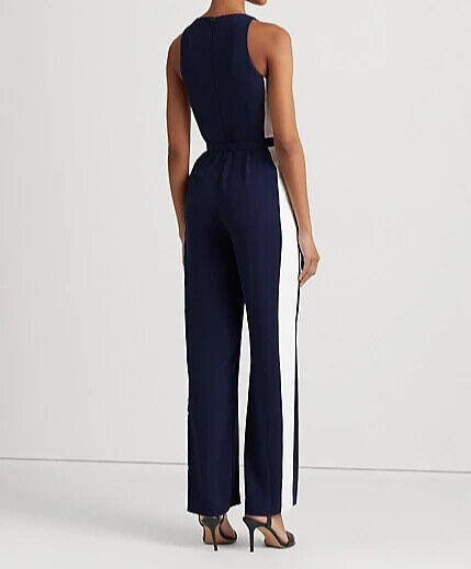 New Ralph Lauren Women's Side-Stripe Crepe Jumpsuit 8 Navy
