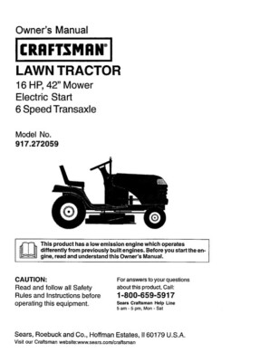 Owner's Manual Sears Craftsman HP Lawn Tractor 42” Mower