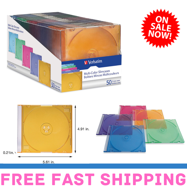50 Pcs Verbatim CD/DVD Slim Multicolored Cases Thin Light Plastic Easy