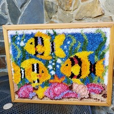 Natura Caron Golden Fish Finished Latch Hook Rug Wall Hanging Vintage Oak Frame