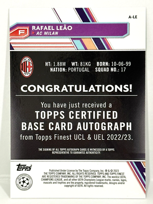 2022-23 Topps Finest UCL AC Milan Rafael Leao Autograph Neon Green