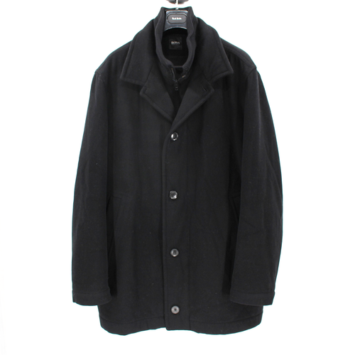 Hugo BOSS Wool Cashmere Zip Up Button Cover Black Jacket Peacoat 46R Overcoat