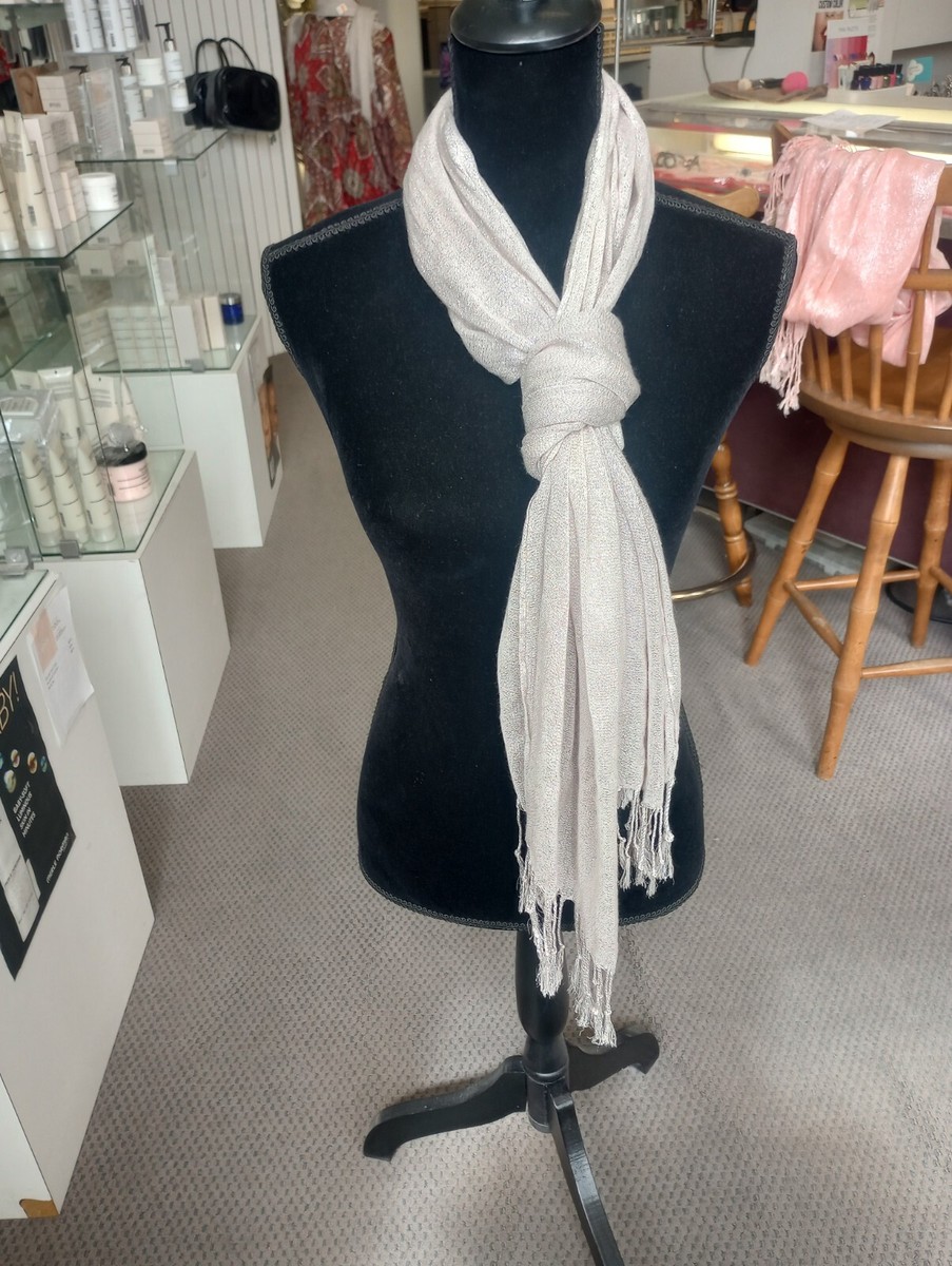 NWT GANZ Delicate Silver Shimmer Long Fringed Trimmed Scarf Shawl Wrap