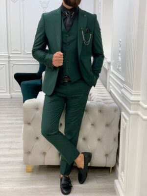 Green Men Piece Suit Peak Lapel Slim Fit Groom Party Prom