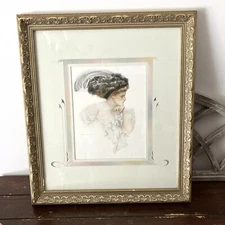 Vintage Victorian Lady Framed Art Print Illustrated Signed Harrison Fisher 1909