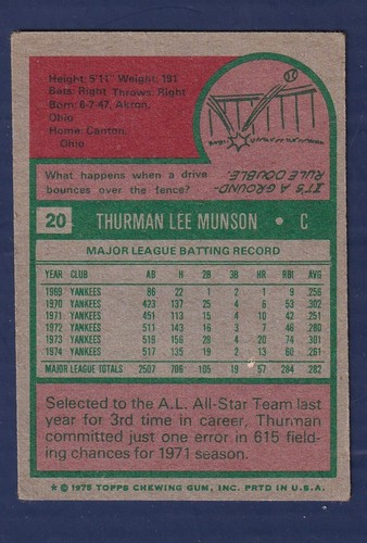 1975 Topps # 20 Thurman Munson Yankees LOW GRADE (crease) - Picture 2 of 2