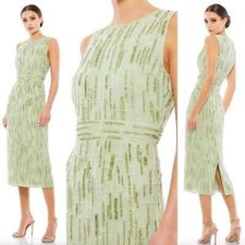 NWT Mac Duggal Dress Beaded Abstract Sheath Midi Sage Green 70264 SZ 12