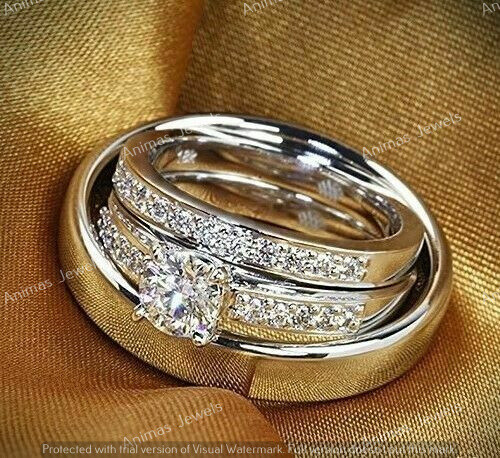 1.75 CT Round Moissanite Women's Men Wedding Trio Ring Set 925 Sterling Silver - Bild 1 von 2