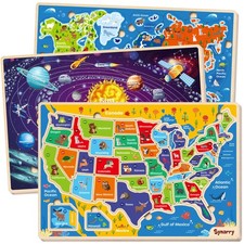 SYNARRY Large USA World Solar System Wooden Puzzles for Kids Ages 4-6, Wood Jigs