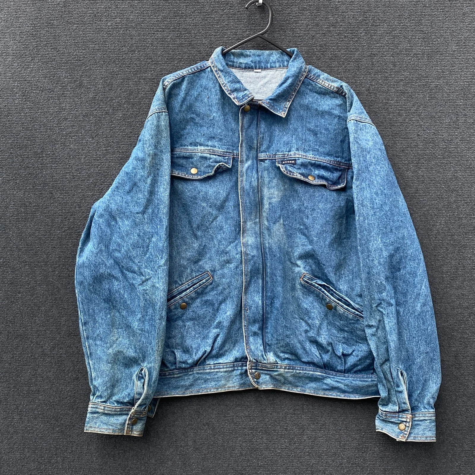 VTG 90s Roger Mens Large Full Zip Trucker Jacket Blue Denim Flap Pockets Outdoor