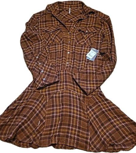 Abito Free People Milo giallo marrone quadri bottoni davanti XS nuovo con etichette - Foto 2 di 5