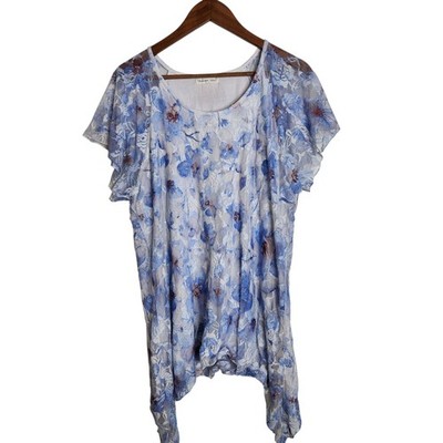 Indigo Soul Blue Floral Lace Tunic Top Fairy Boho Whimsical Asymmetric Hem 3XL