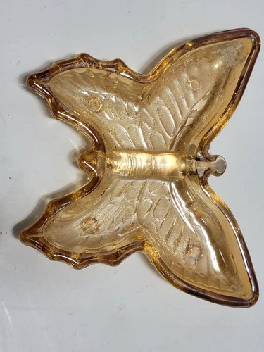 Esquisite Vintage Jeanette  Co. Amber Carnival Glass Butterfly Candy Dish 4"