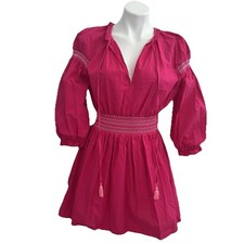 ZARA TASSEL EMBROIDERED DRESS LARGE PINK PUFF LONG SLEEVE MINI WOMENS NWOT