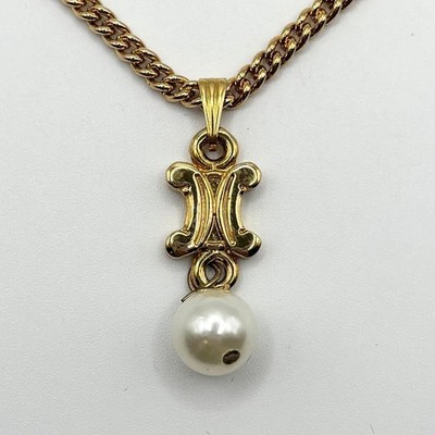 CELINE Vintage Gold Pearl Charm Necklace Triomphe 43cm Authentic From Japan