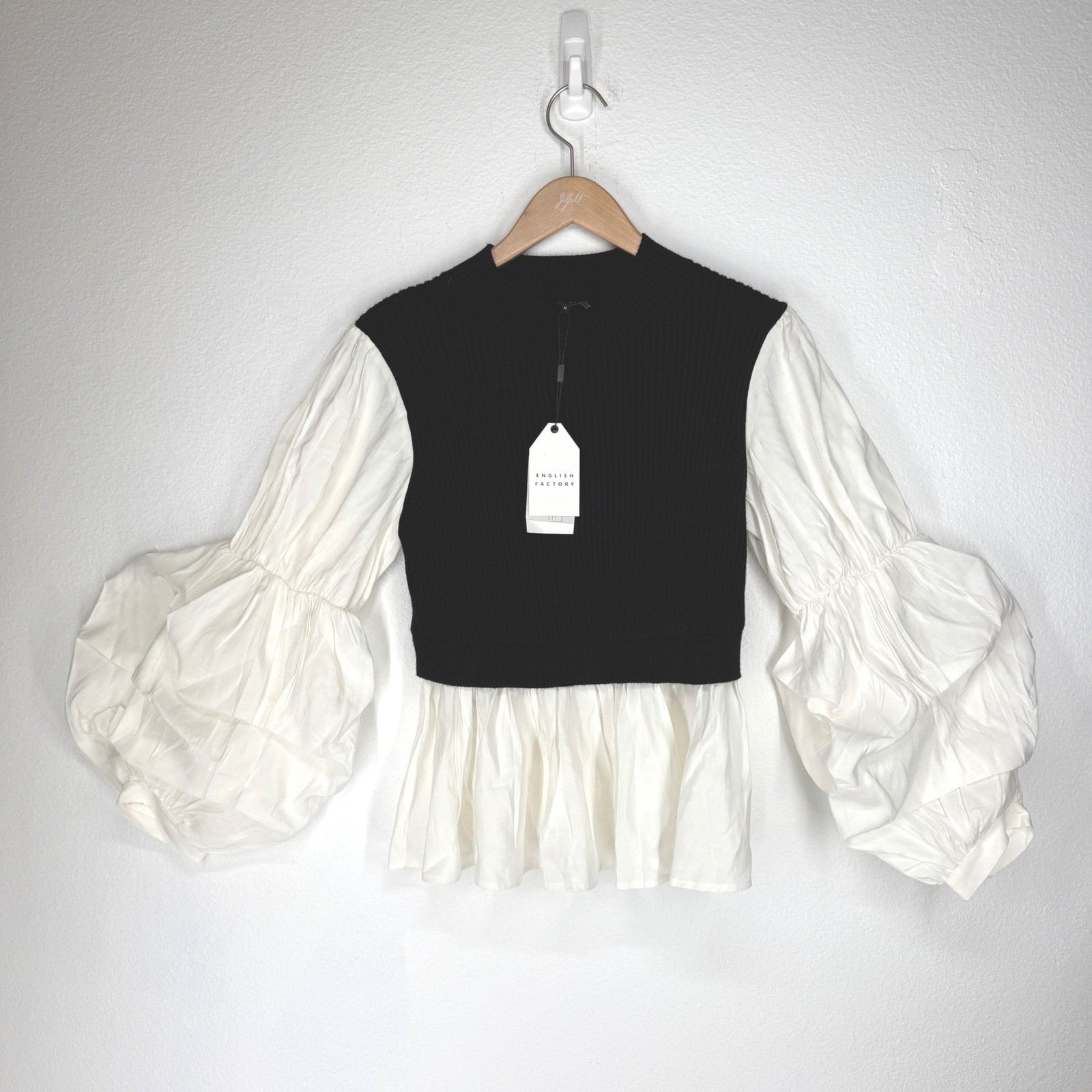 English Factory Mixed Media Puff Sleeve Peplum Knit Top Medium NEW Dark Academia