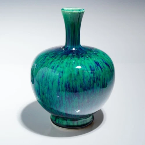 Haeger Slender Neck Bottle Vase Glossy Mottled Green and Cobalt Blue Flambe