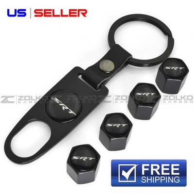 VALVE STEM CAPS + KEYCHAIN WHEEL TIRE BLACK SRT STYLE - US SELLER
