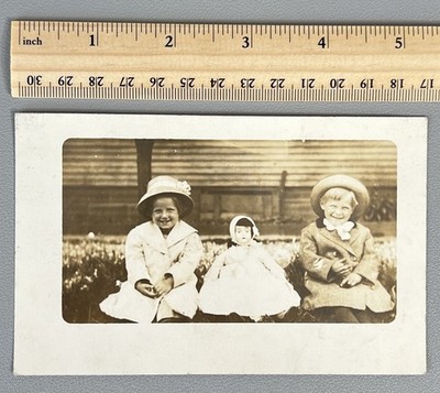 Antique 1910s RPPC Real Photo Postcard Children CREEPY Large Doll Garden Fashion