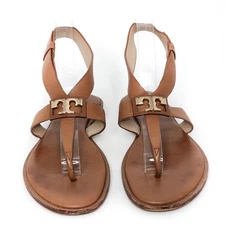 TORY BURCH Gigi Tan Leather Flat Thong Sandals Gold Logo $225 Size 7