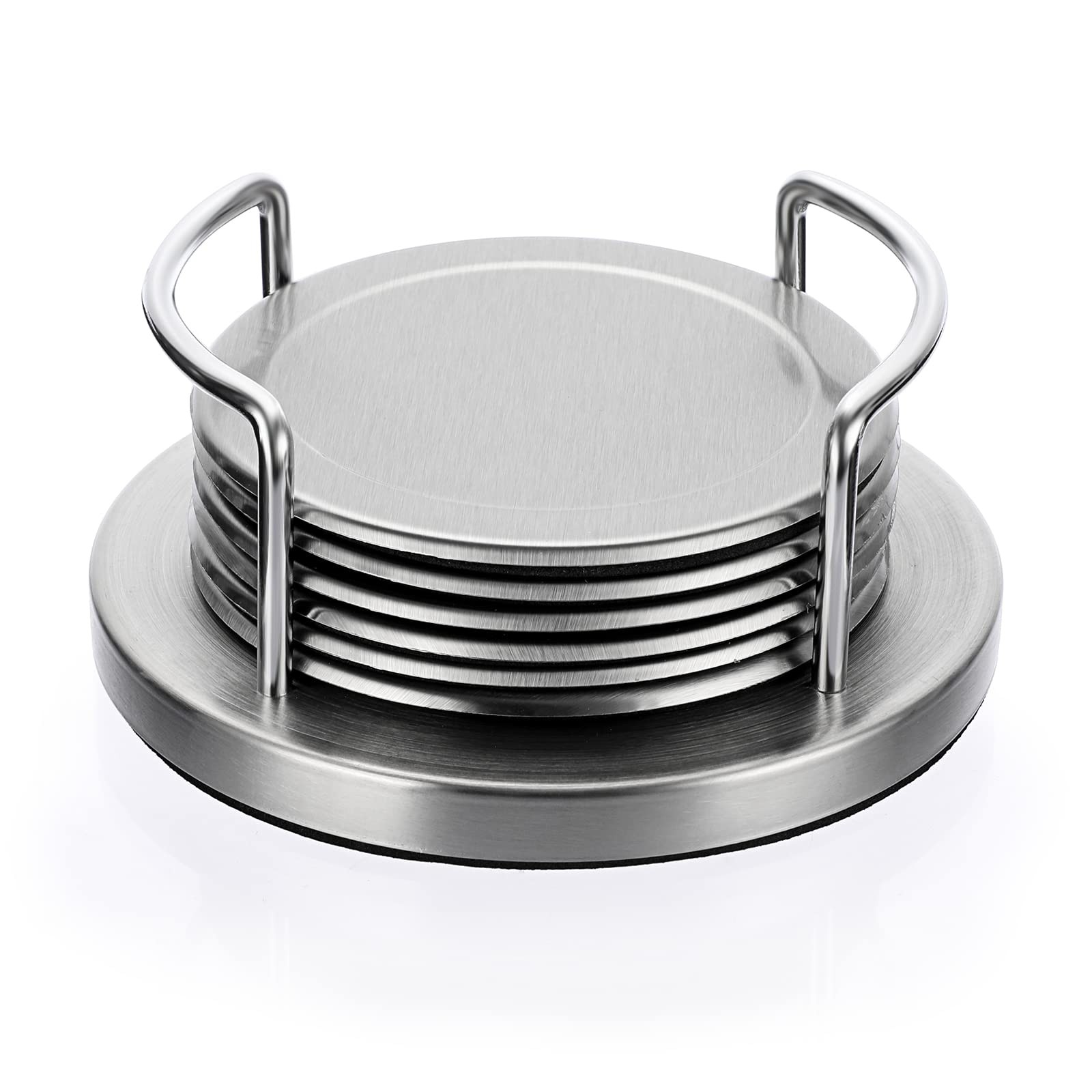 Set of 6 Stainless Steel Round Coasters with Holder & Sponge Bottom, Silver M...