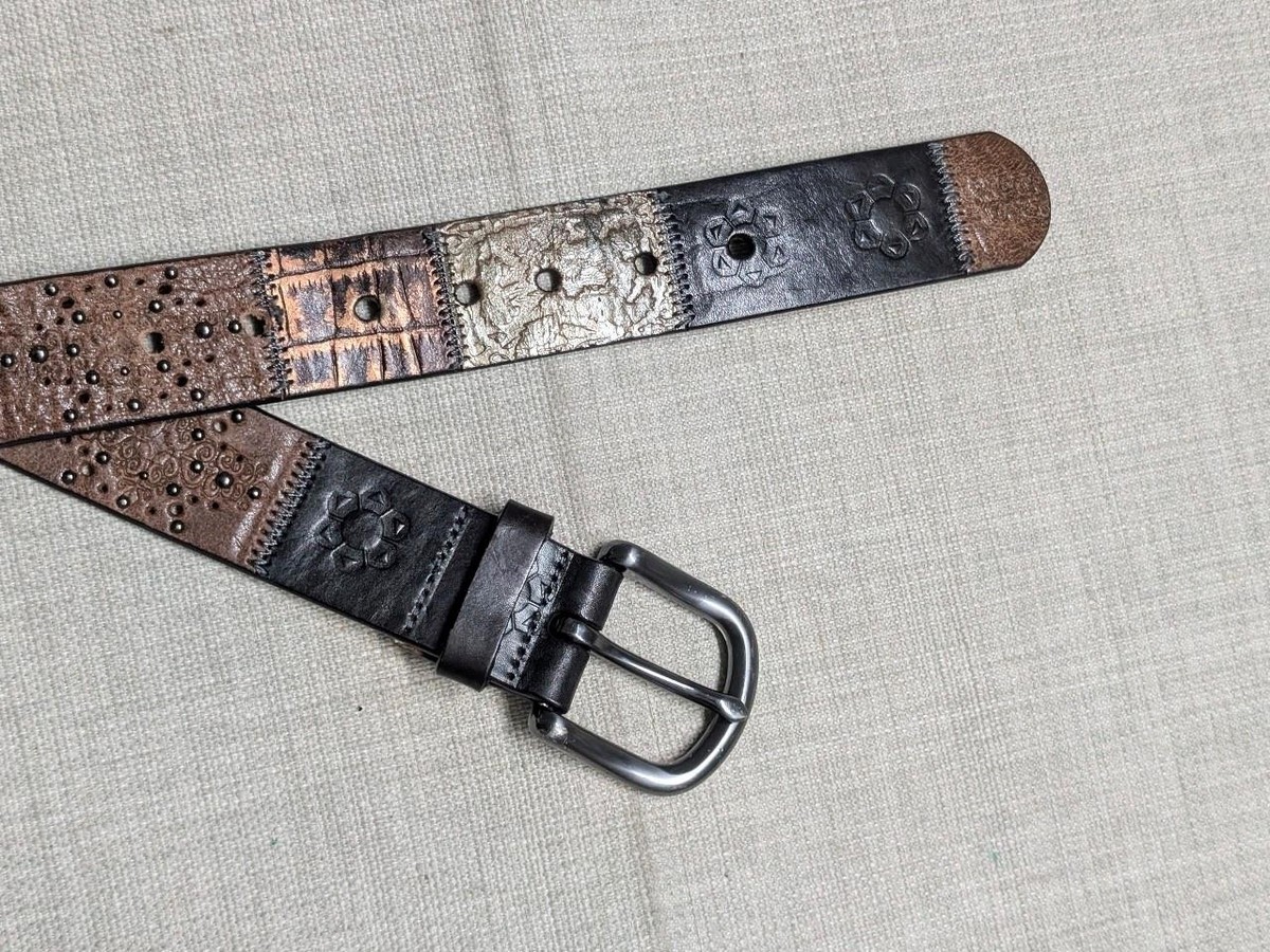 Vintage 90s Y2K Metallic Floral Patchwork Leather Belt with Studs M 90s Y2k 2000s Vintage Silver Stretch Belt Metal Silver  main image 3
